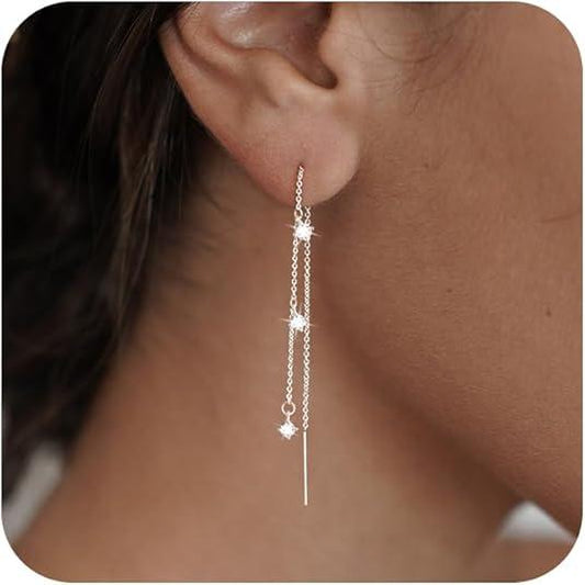 NECOCY 3 Zircon Ear Thread Tassel Pendant Earrings for Women Dainty Long Hanging Chain Trendy Hypoallergenic Dangling Threader Earrings for Fashion Lightweight High Quality Dealsforyoudays